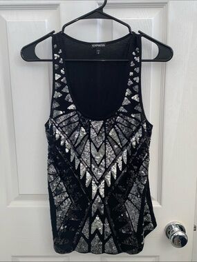 Express Black Tank Top with Silver Sequin Geometric Design